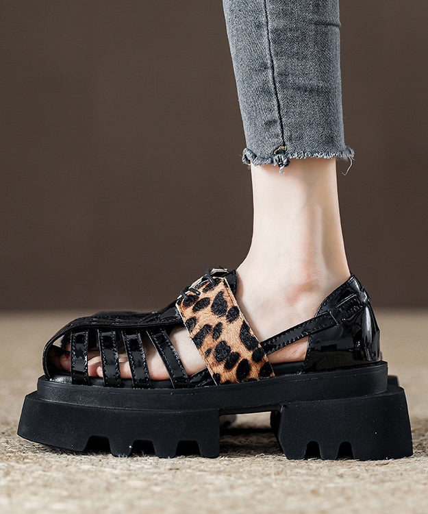 New Platform 2025 Out Leopard Sandals Hollow Design Black Roman
