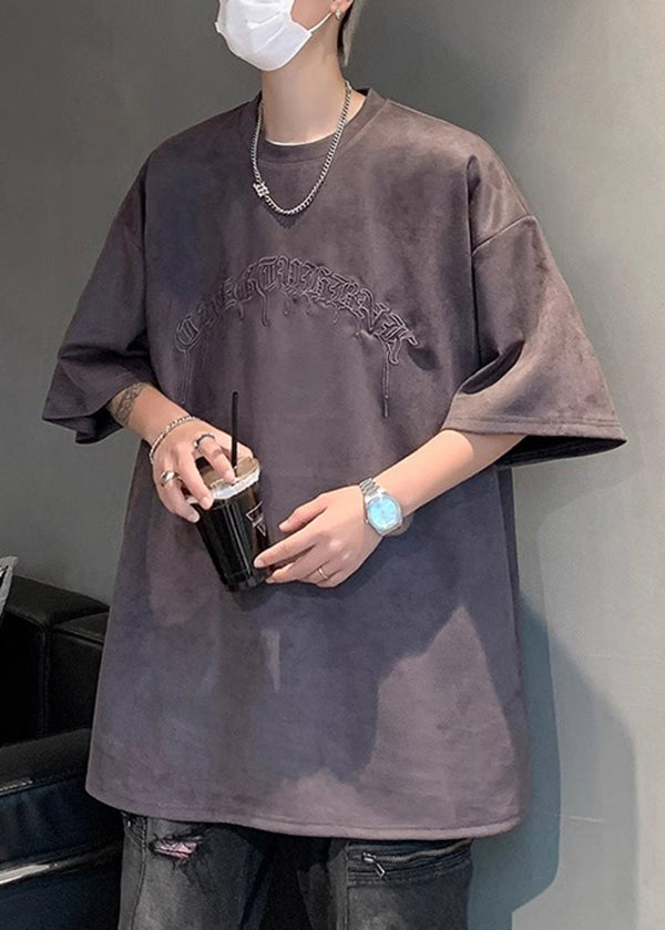 Plus Men Shirts Suede Embroideried Faux Apricot Size Apparel T