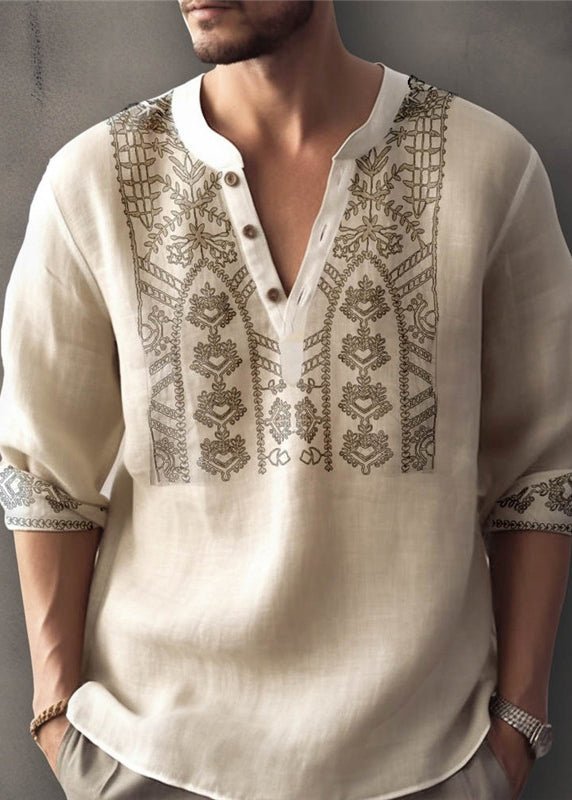 Cotton T Shirt Size Fall Apricot Button Men Print Plus