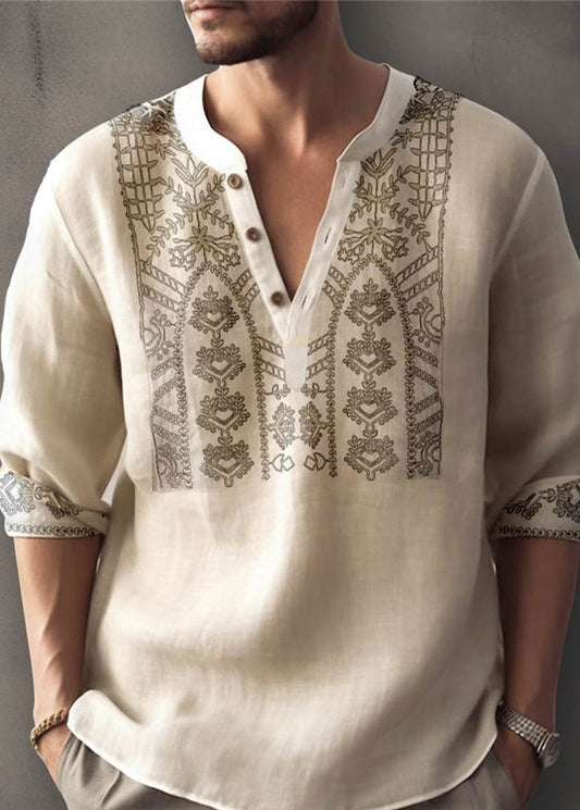 Cotton T Shirt Size Fall Apricot Button Men Print Plus