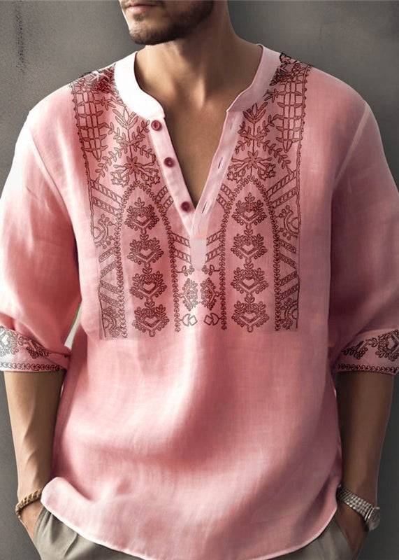 Cotton T Shirt Size Fall Apricot Button Men Print Plus