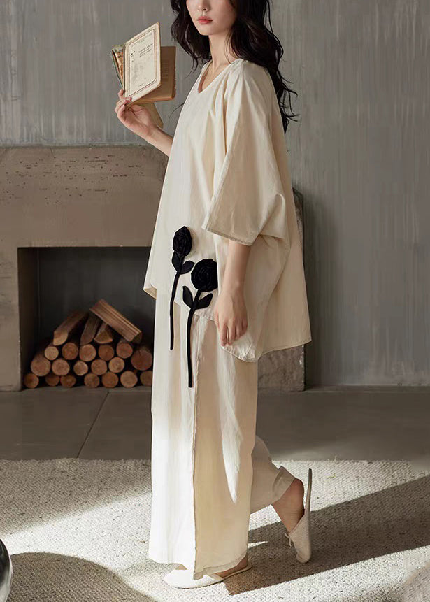 Size Pieces Set Neck Apricot Cotton Two Floral V Plus Patchwork