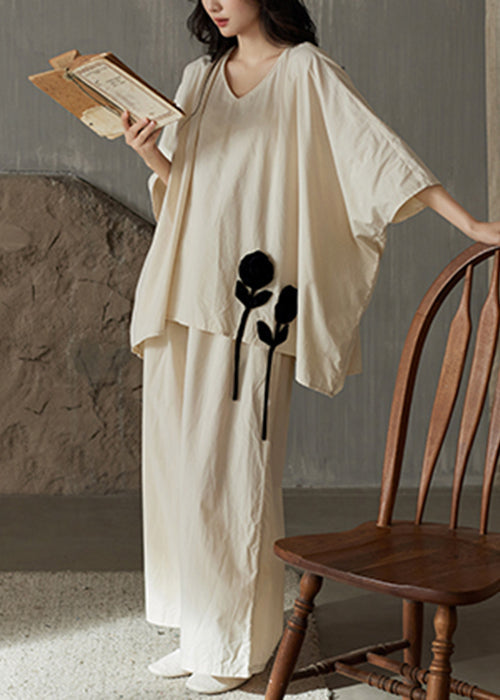 Size Pieces Set Neck Apricot Cotton Two Floral V Plus Patchwork