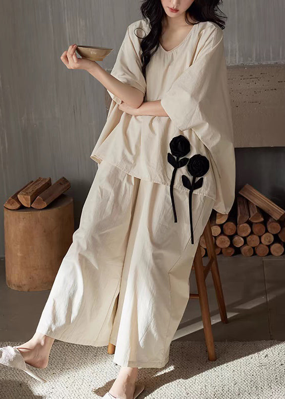 Size Pieces Set Neck Apricot Cotton Two Floral V Plus Patchwork