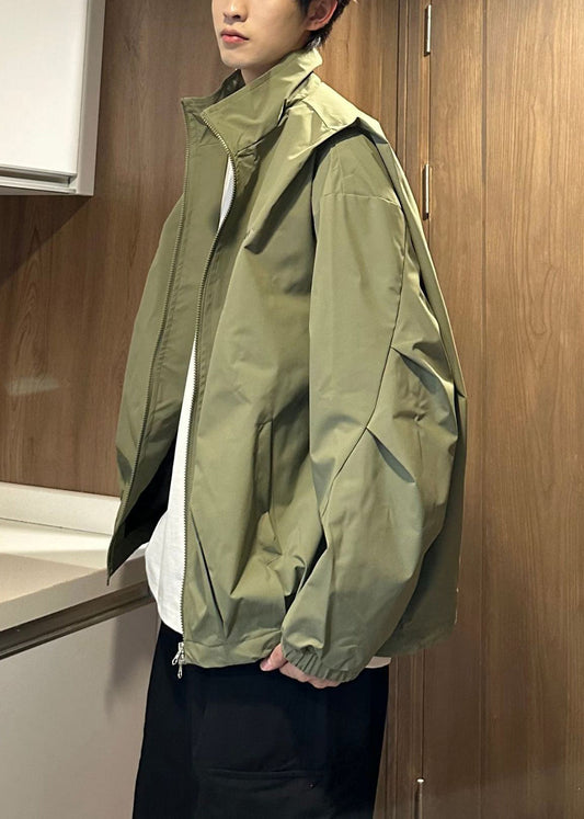 Spring Green Cotton Stand Size Coat Plus Men Zippered Army Collar