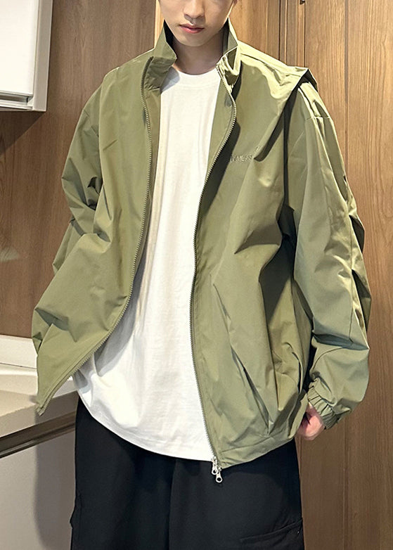 Spring Green Cotton Stand Size Coat Plus Men Zippered Army Collar