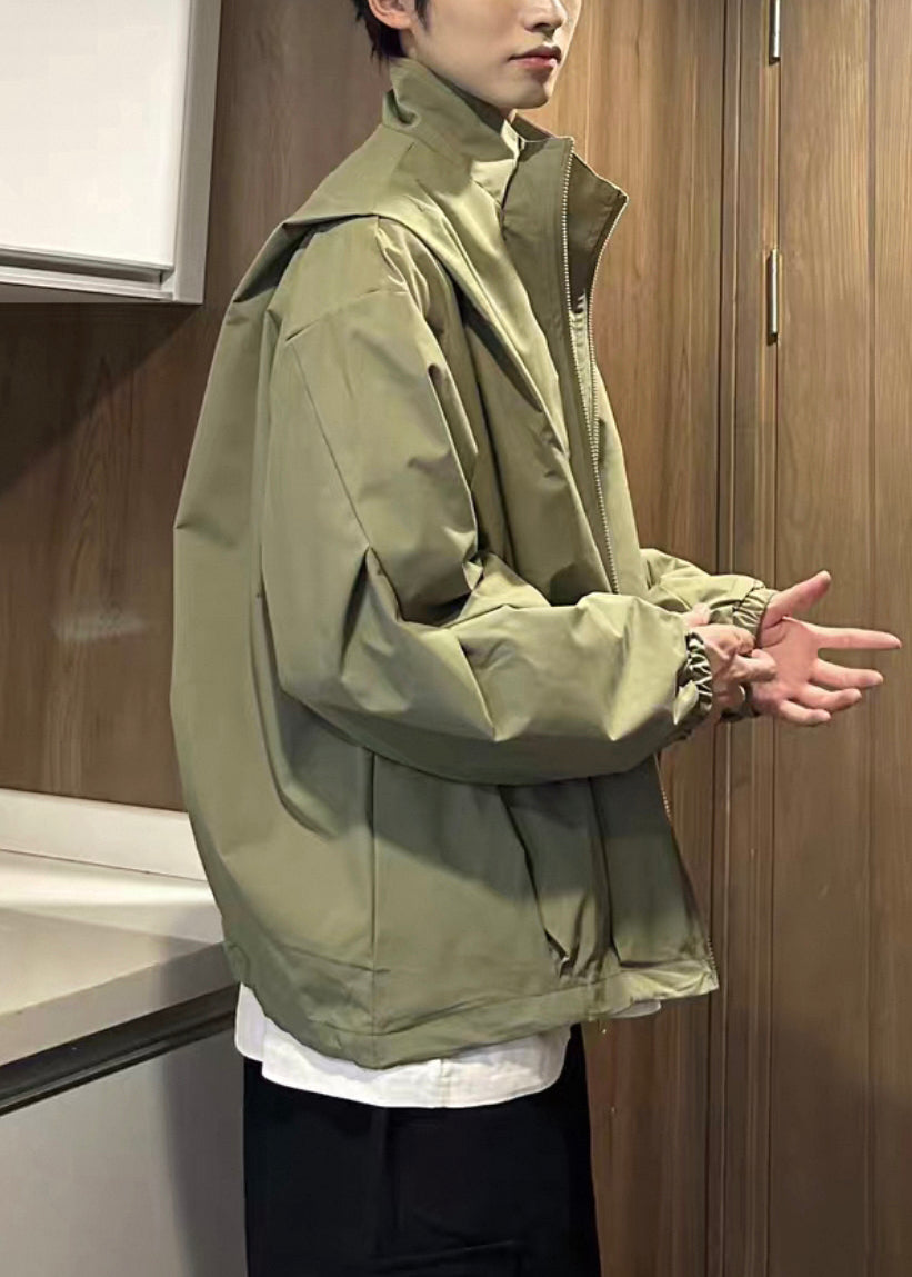 Spring Green Cotton Stand Size Coat Plus Men Zippered Army Collar