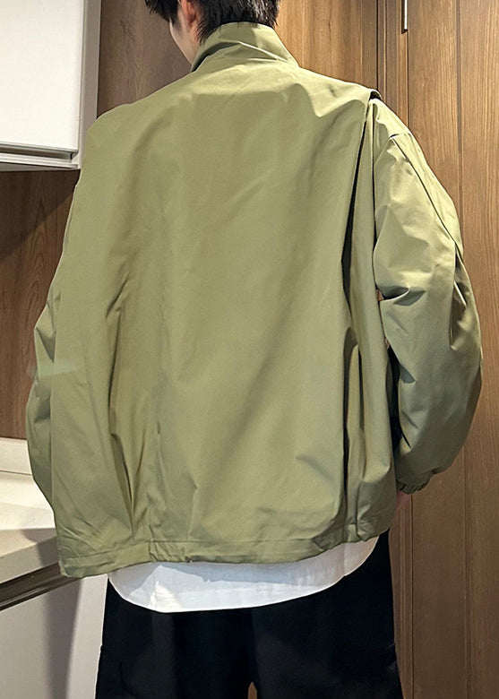 Spring Green Cotton Stand Size Coat Plus Men Zippered Army Collar