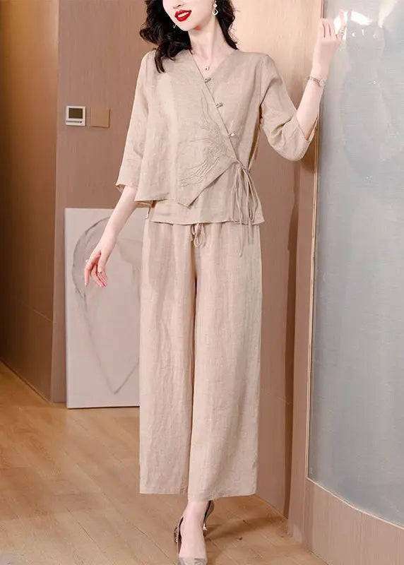 Plus Size Beige Asymmetrical Tie Waist Linen Two Pieces Set Spring Ada Fashion