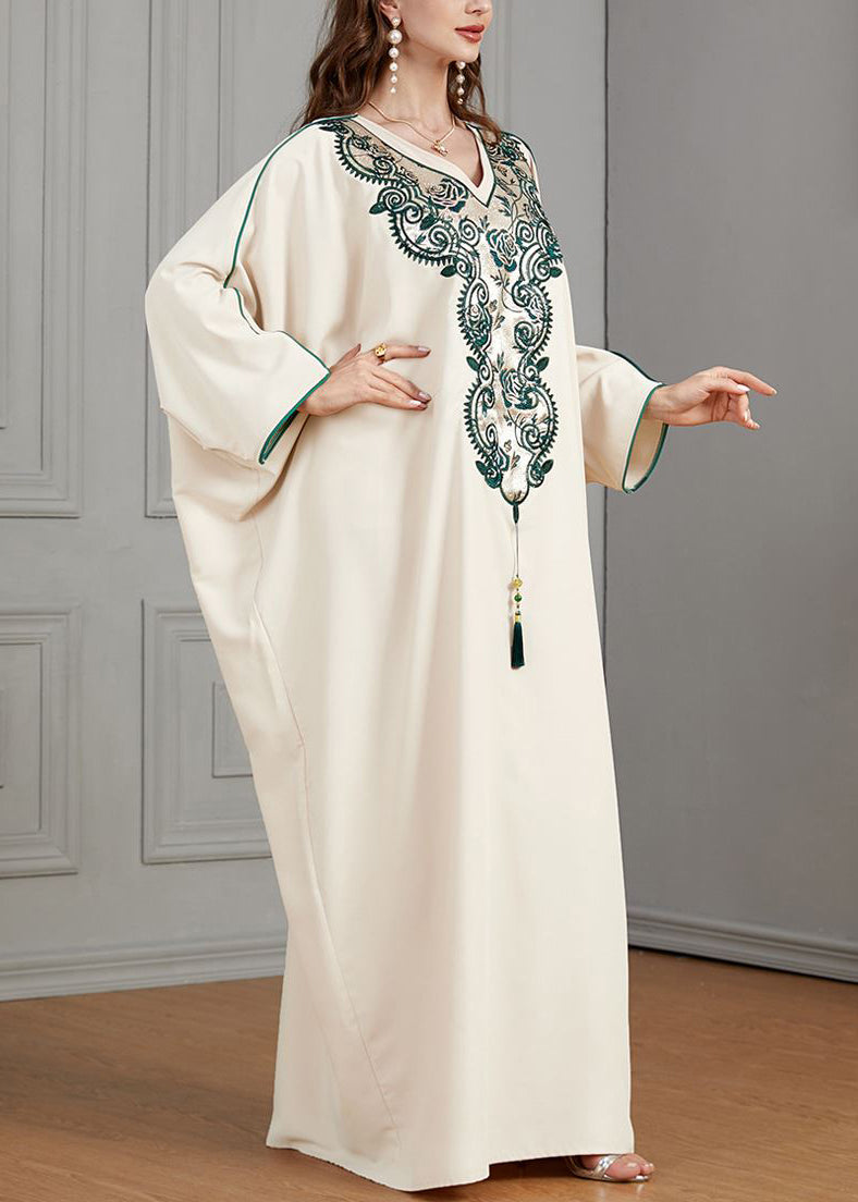 Plus Size Beige Embroidered Tasseled Cotton Dresses Batwing Sleeve AA1018