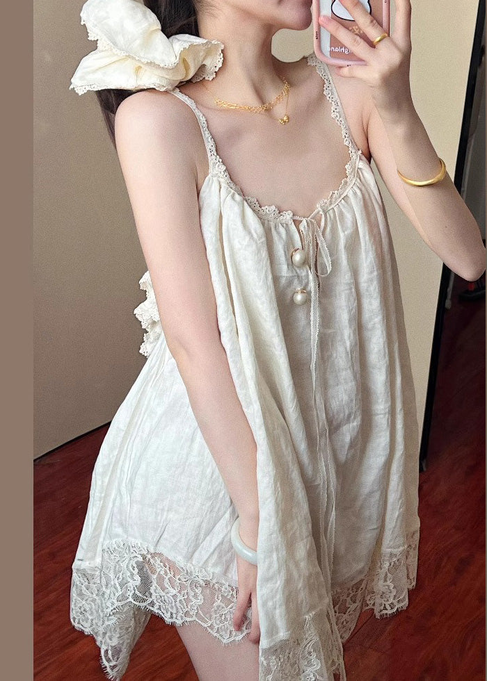 Beige Mini Size Plus Summer Patchwork Dress Lace Oversized