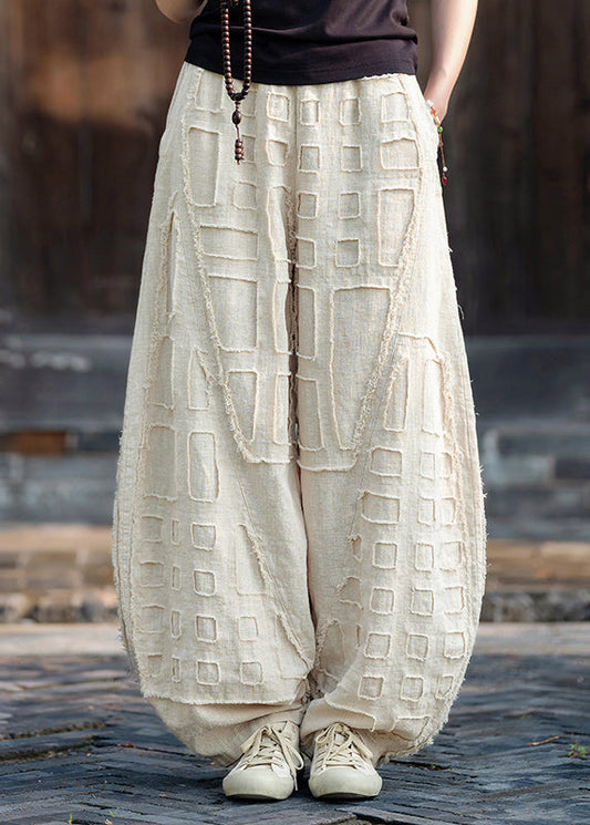 Plus Size Beige Pockets Patchwork Linen Lantern Pants Fall RU011