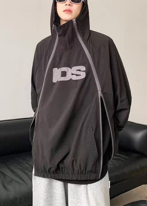Zippered Men Hooded Coat Black Size Thin Mesh Plus Summer