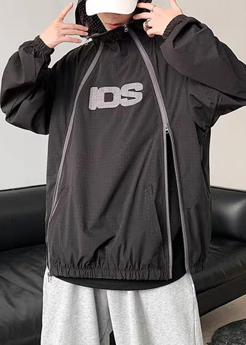 Zippered Men Hooded Coat Black Size Thin Mesh Plus Summer