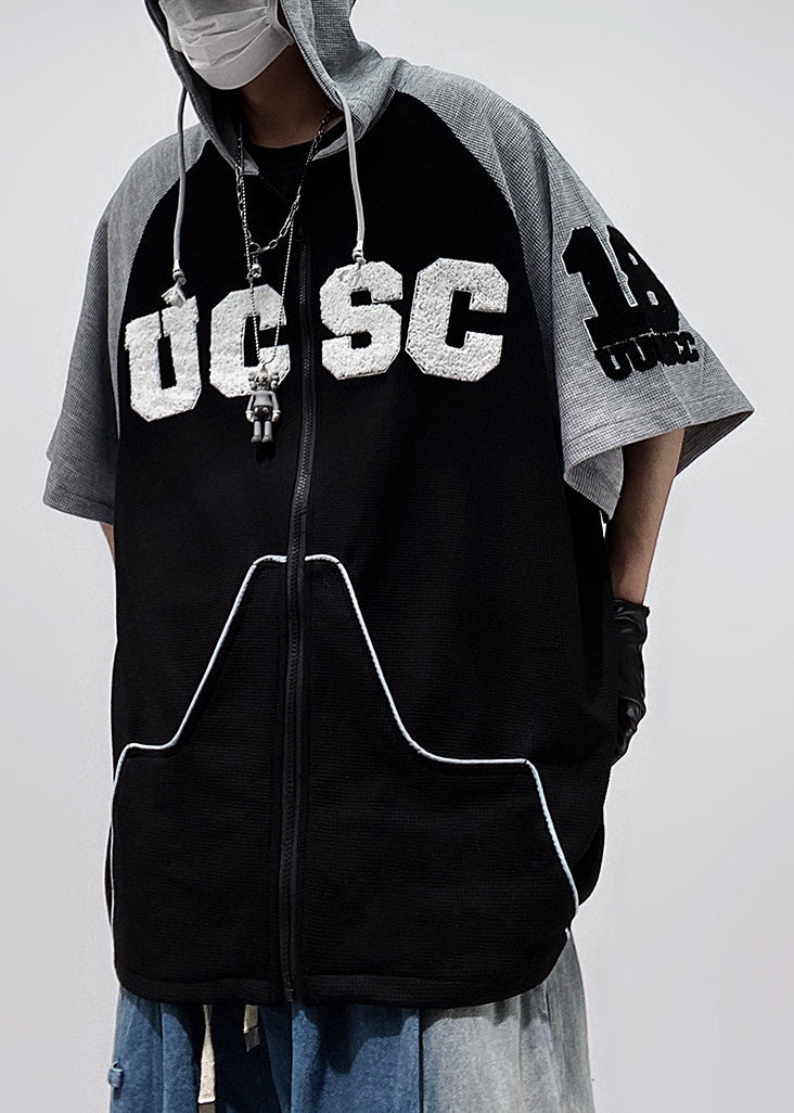 Size Zippered Men Cotton Shirts Black Patchwork T Plus Hooded