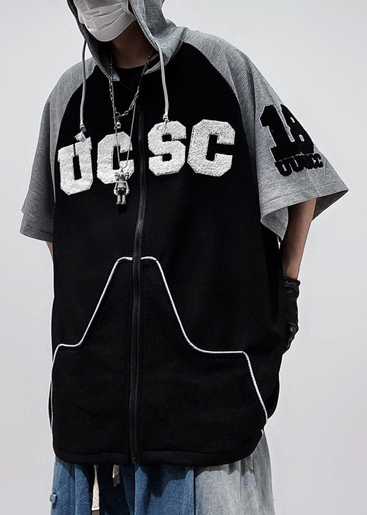 Size Zippered Men Cotton Shirts Black Patchwork T Plus Hooded