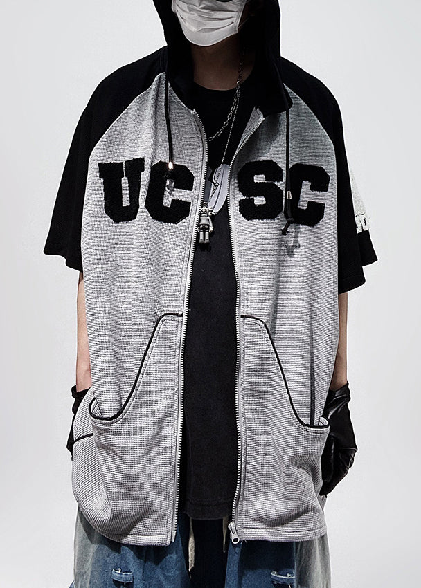 T Plus Size Sleeve Men Shirts Cotton Hooded Black Patchwork Zippered Half