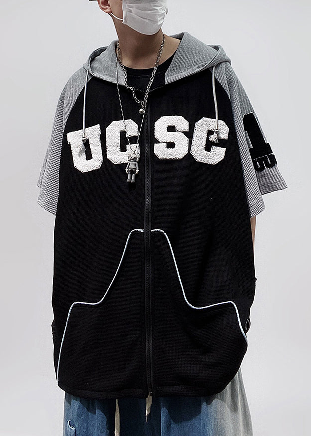 Size Zippered Men Cotton Shirts Black Patchwork T Plus Hooded