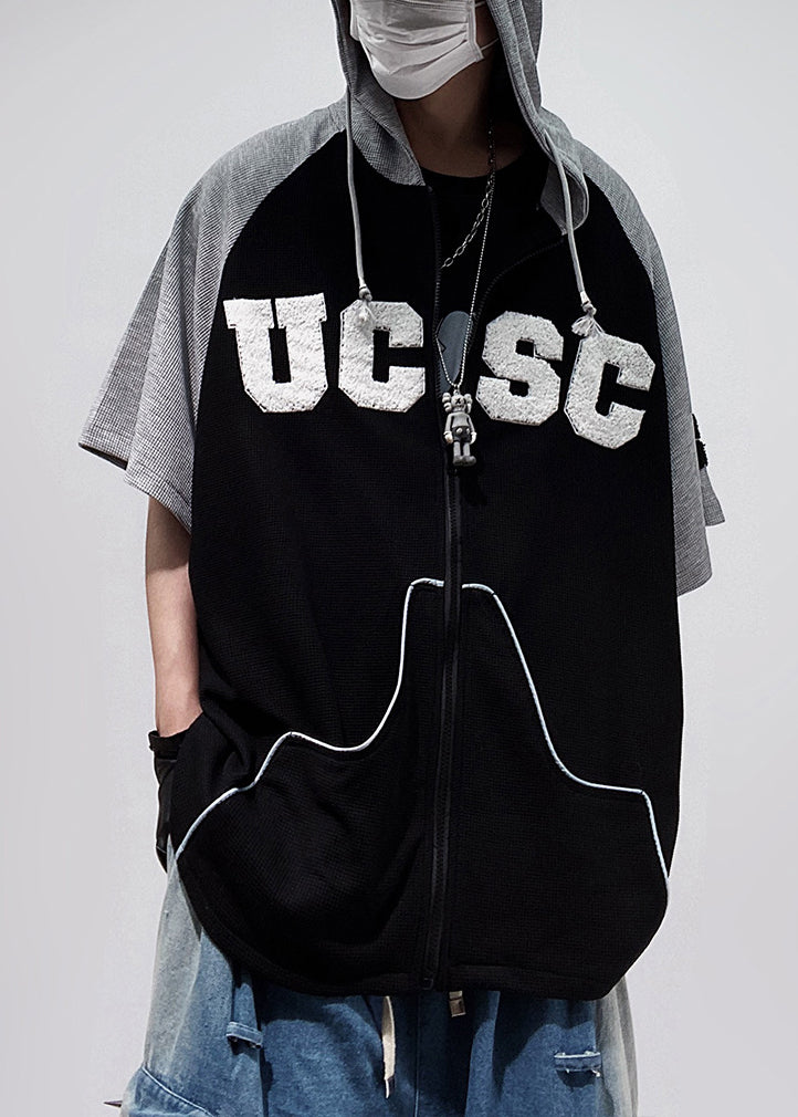 T Plus Size Sleeve Men Shirts Cotton Hooded Black Patchwork Zippered Half