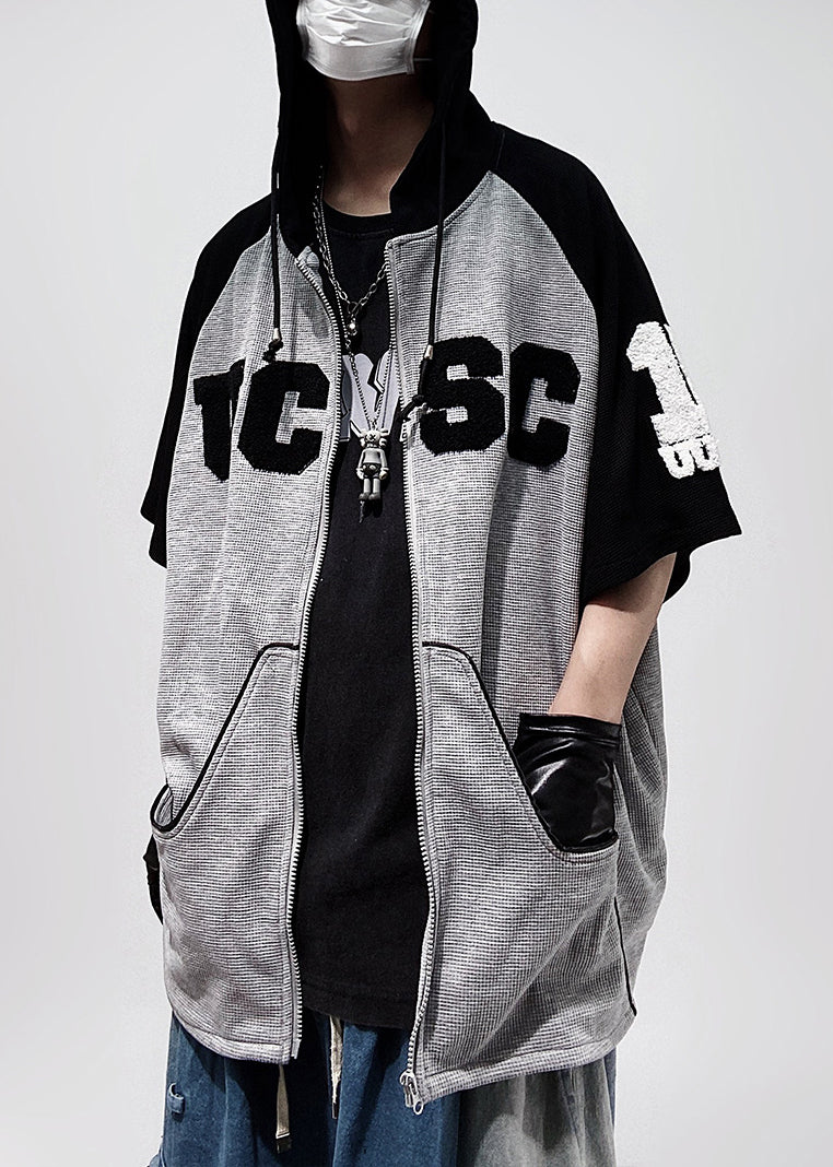 T Plus Size Sleeve Men Shirts Cotton Hooded Black Patchwork Zippered Half