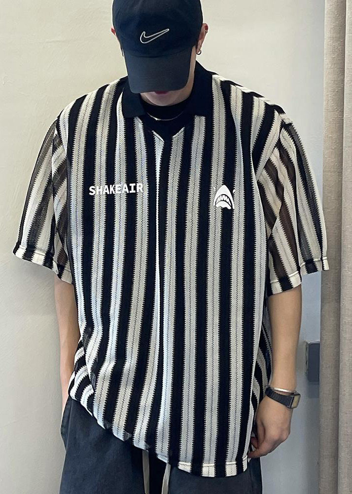 Style Size Cotton Shirts Grunt Plus Men's Oversized Black Striped