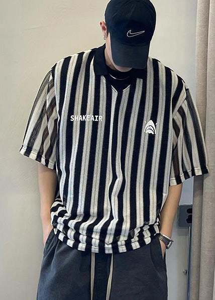 Style Size Cotton Shirts Grunt Plus Men's Oversized Black Striped