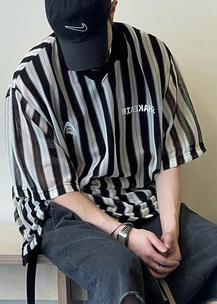 Style Size Cotton Shirts Grunt Plus Men's Oversized Black Striped