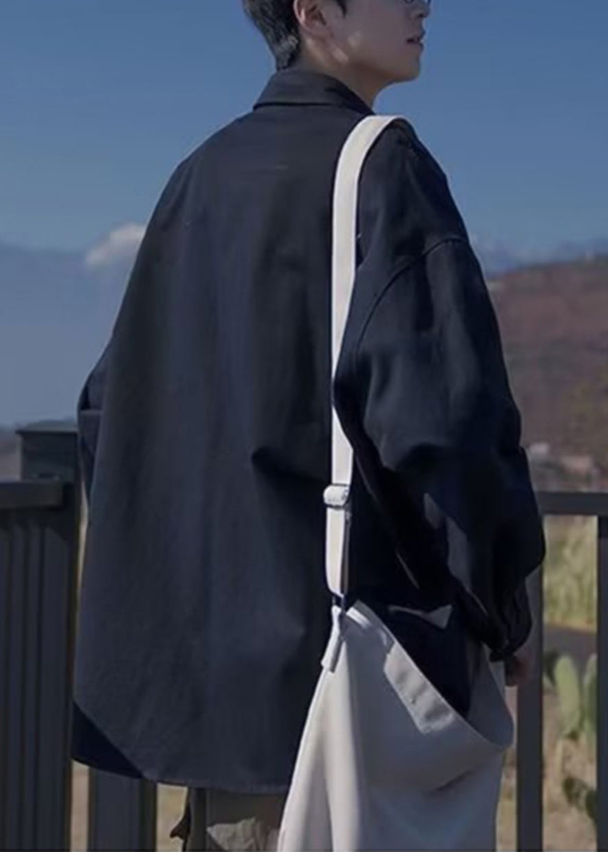 Size Cotton Peter Pan Collar Coats Pockets Black Thin Mens Plus