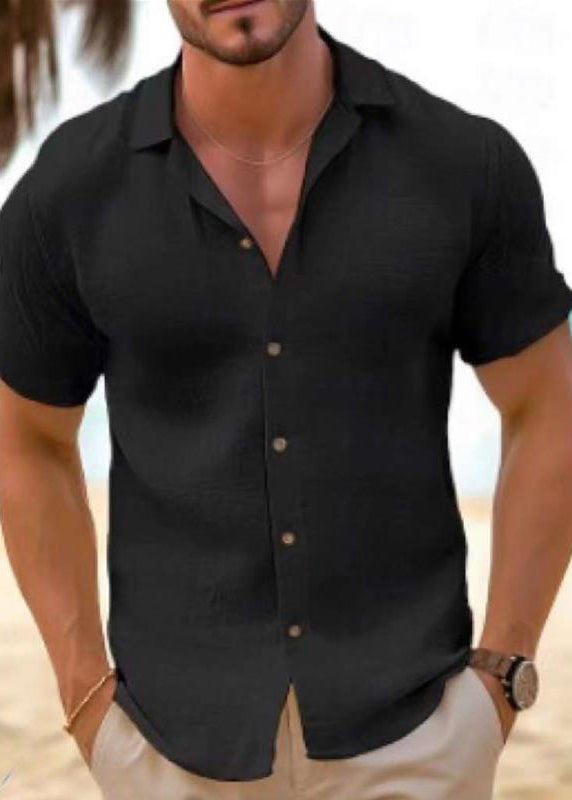 Peter Pan Black Summer Plus Collar Shirt Men Size Solid Cotton