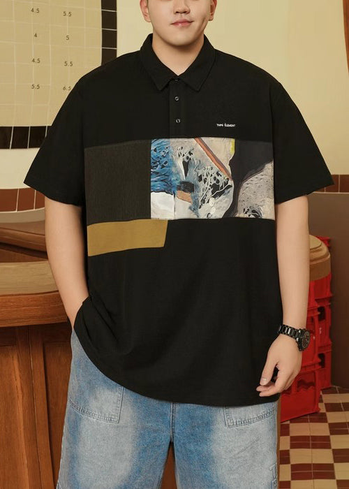Size Print Shirt Plus Black Button Men Cotton Summer Polo
