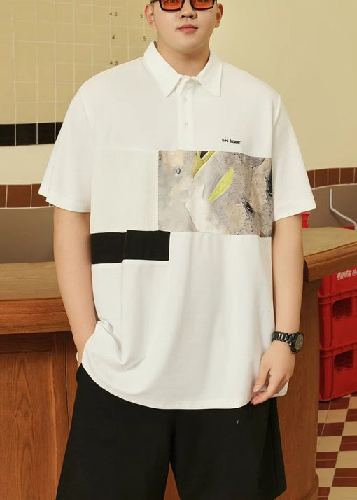 Size Print Shirt Plus Black Button Men Cotton Summer Polo