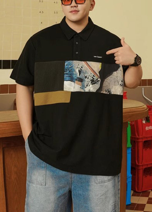 Size Print Shirt Plus Black Button Men Cotton Summer Polo