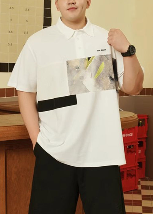 Size Print Shirt Plus Black Button Men Cotton Summer Polo