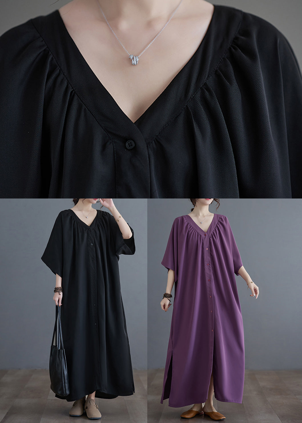 Robe longue froissée noire à col en V grande taille pour l'été GH1033