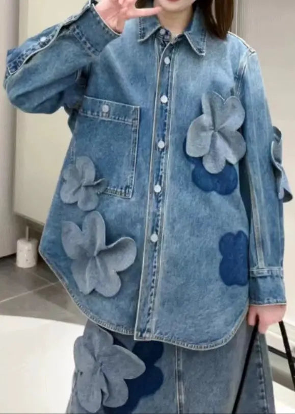 Plus Size Blue Button Pockets Denim Coats Long Sleeve Ada Fashion