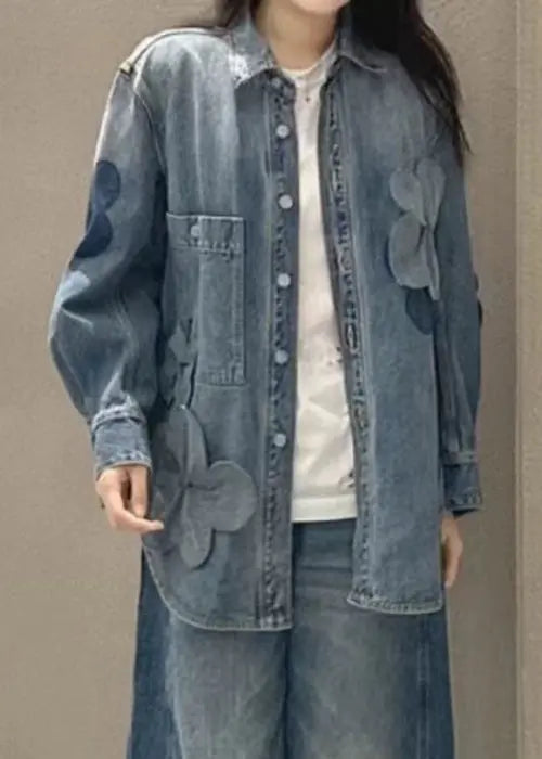 Plus Size Blue Button Pockets Denim Coats Long Sleeve Ada Fashion