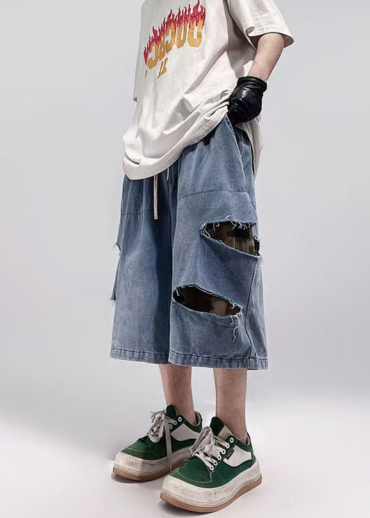 Shorts Summer Denim Size Plus Hole Men Blue Pockets