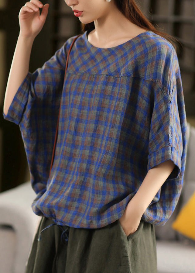 Plaid O Summer Patchwork Blue Top Neck Plus Linen Size