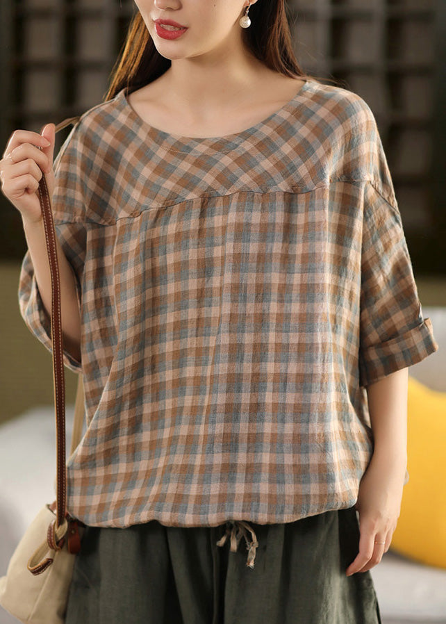 Plaid O Summer Patchwork Blue Top Neck Plus Linen Size