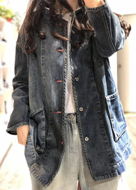 Plus Size Blue O Neck Pockets Button Patchwork Denim Coat Fall OO004