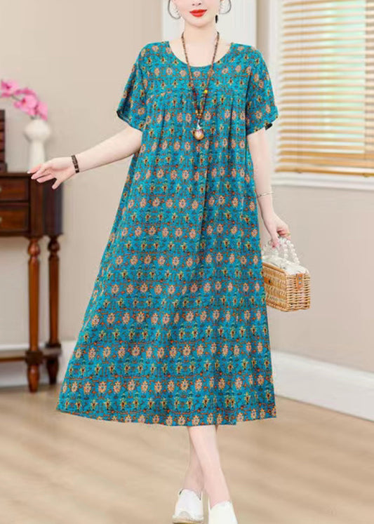 Plus Size Blue O-Neck Print Holiday Long Dress Short Sleeve QB022