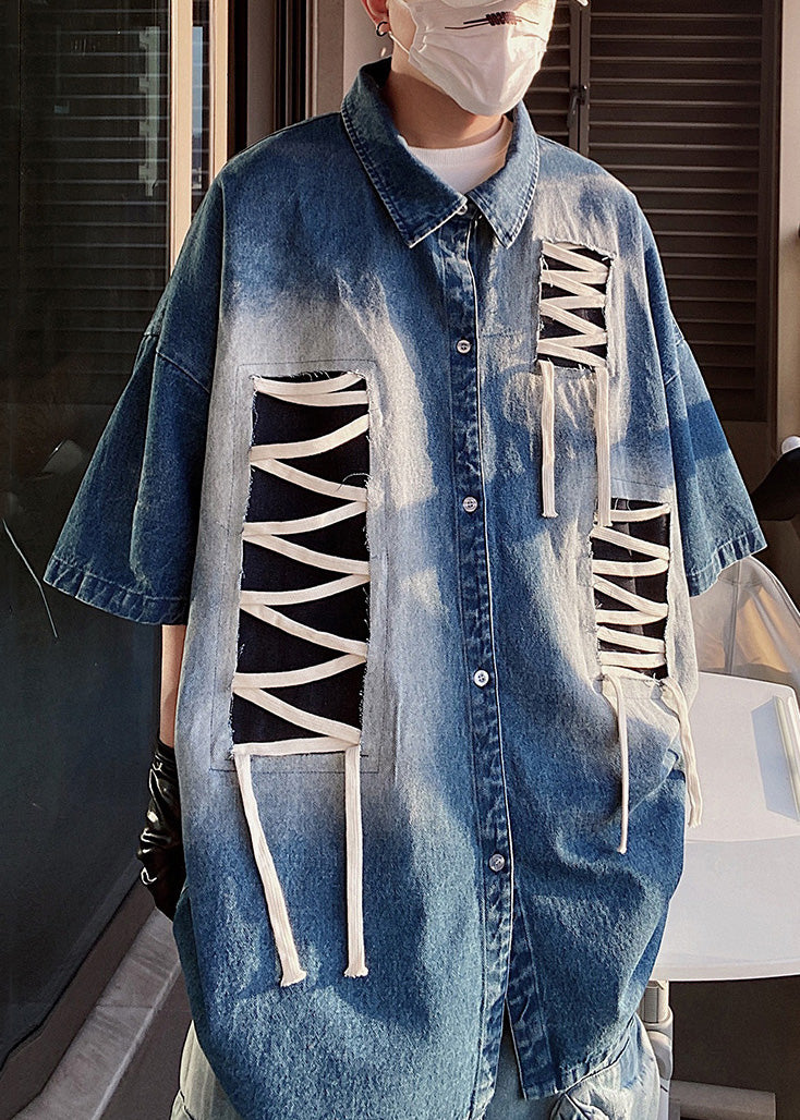 Shirts Patchwork Blue Plus Sleeve Size Half Design Men Original