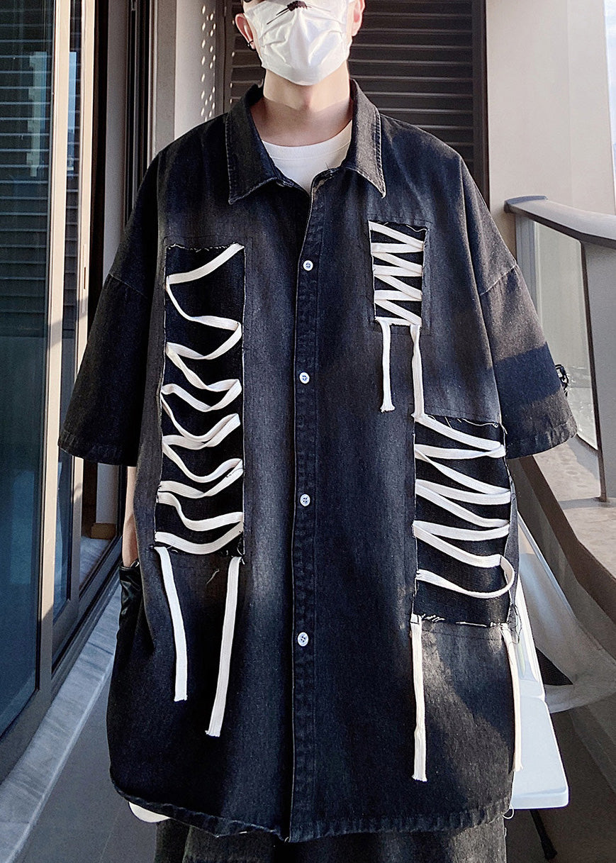 Shirts Patchwork Blue Plus Sleeve Size Half Design Men Original