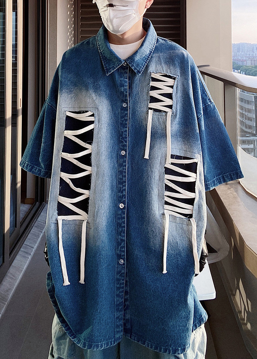 Shirts Patchwork Blue Plus Sleeve Size Half Design Men Original