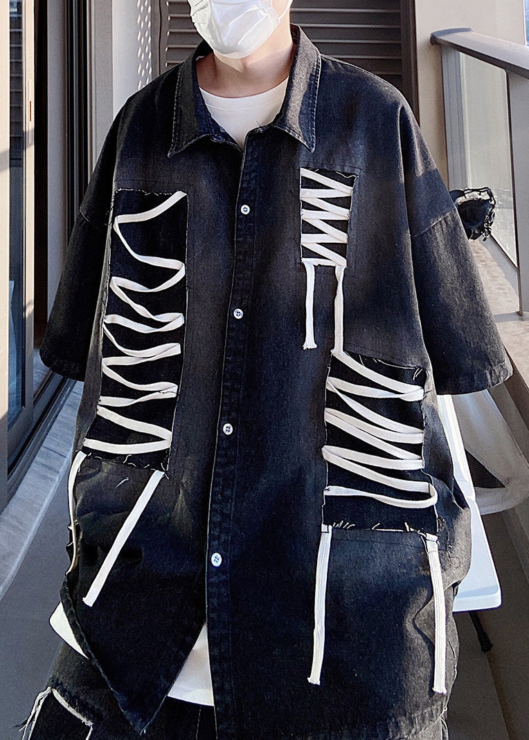 Shirts Patchwork Blue Plus Sleeve Size Half Design Men Original