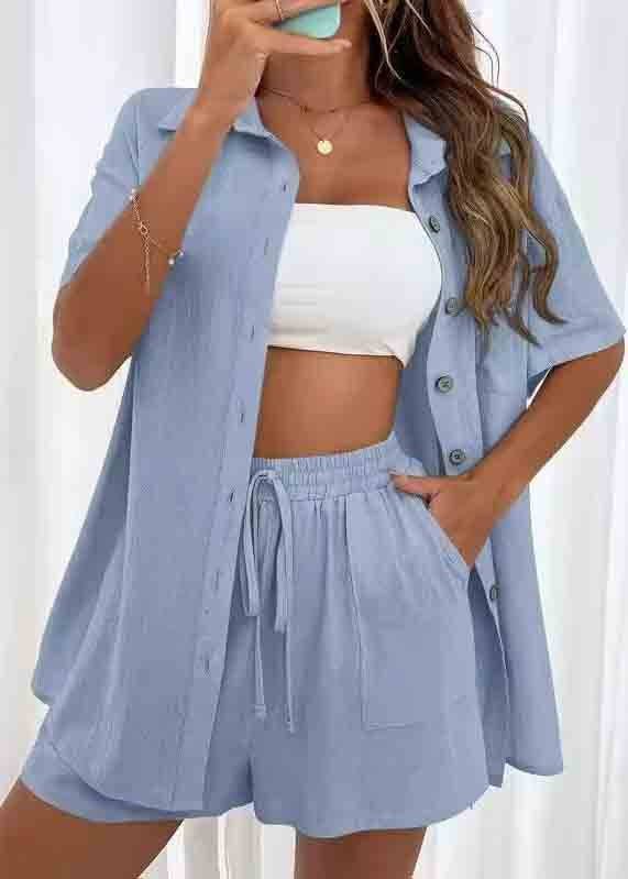 Summer Pajamas Set Pieces Oversized Two Cotton Size Blue Plus