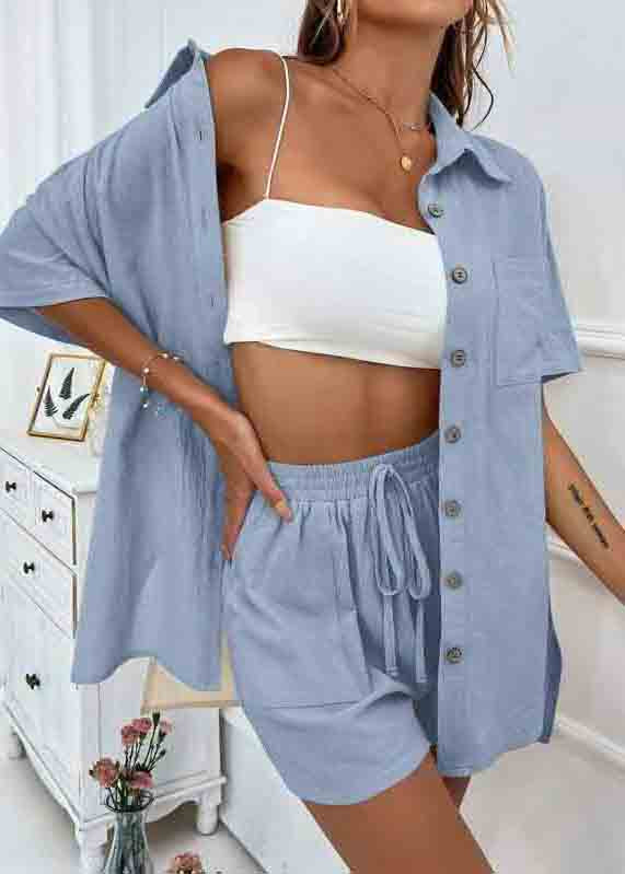 Summer Pajamas Set Pieces Oversized Two Cotton Size Blue Plus