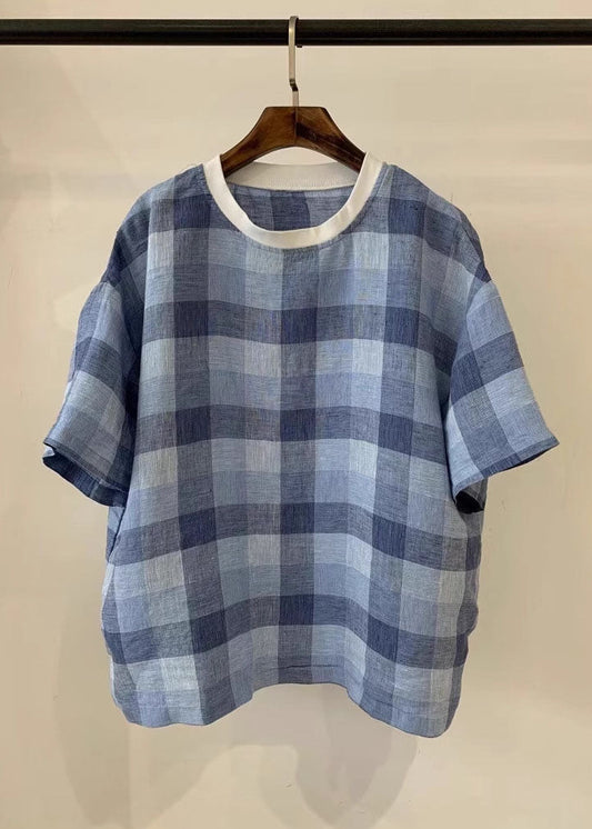 Oversized Plaid Summer Plus Linen Tank Size Blue