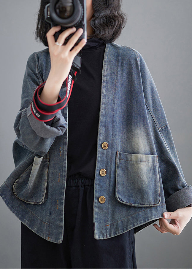 Plus Size Blue Oversized Pockets Denim Coat Outwear Spring TM009