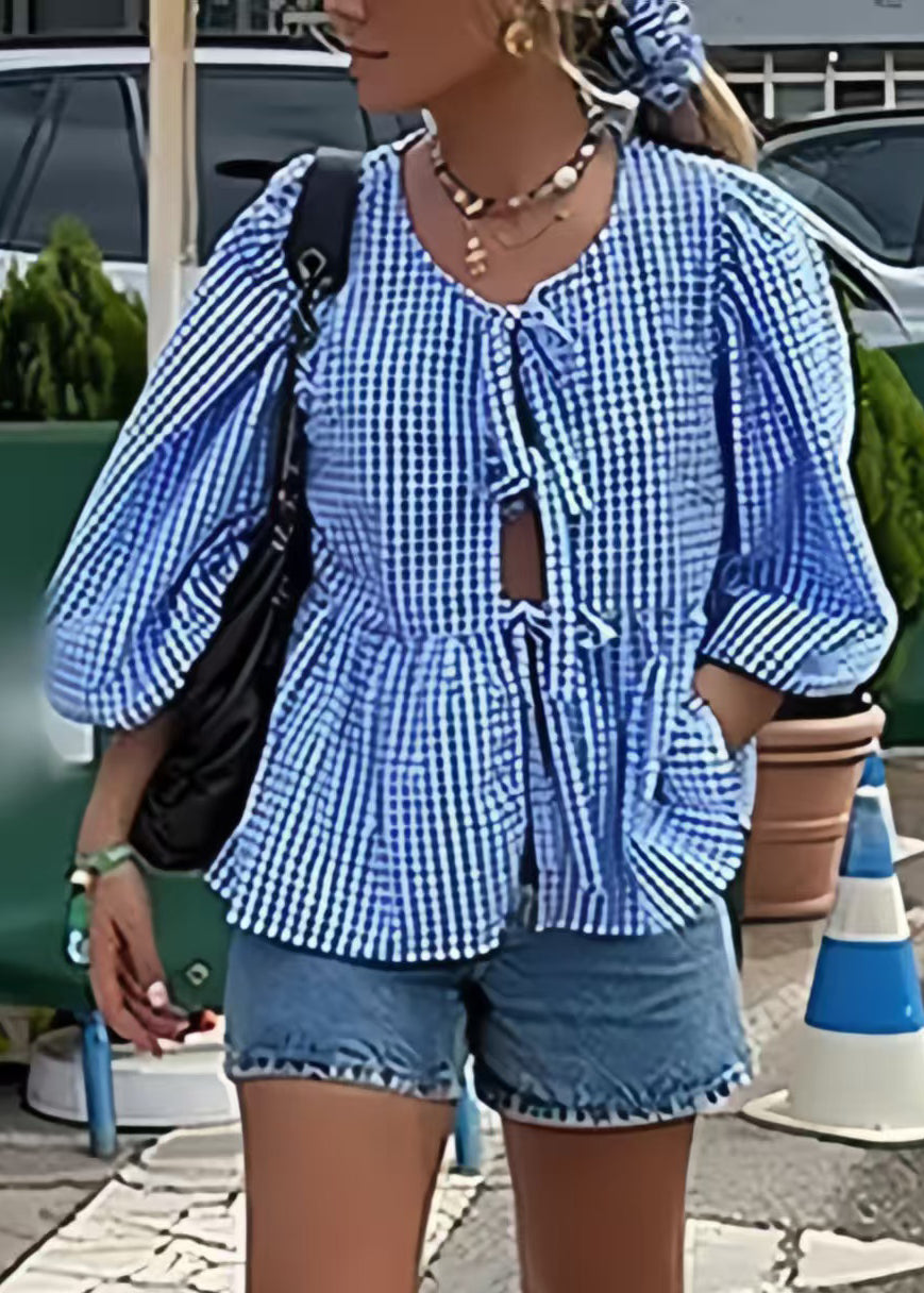 Up Plaid Size Cotton Lace Summer Puff Shirts Sleeve Plus Blue